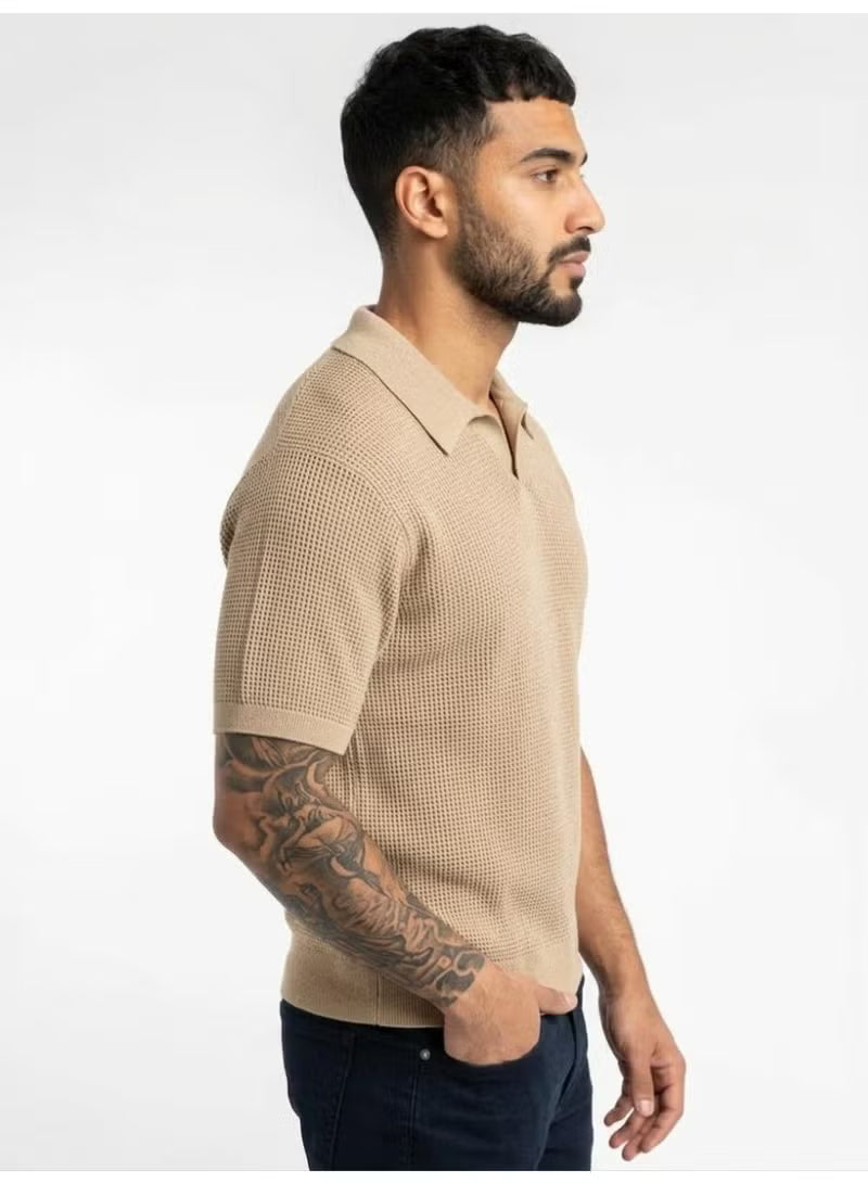 Men's Beige Textured Knit Polo Shirt