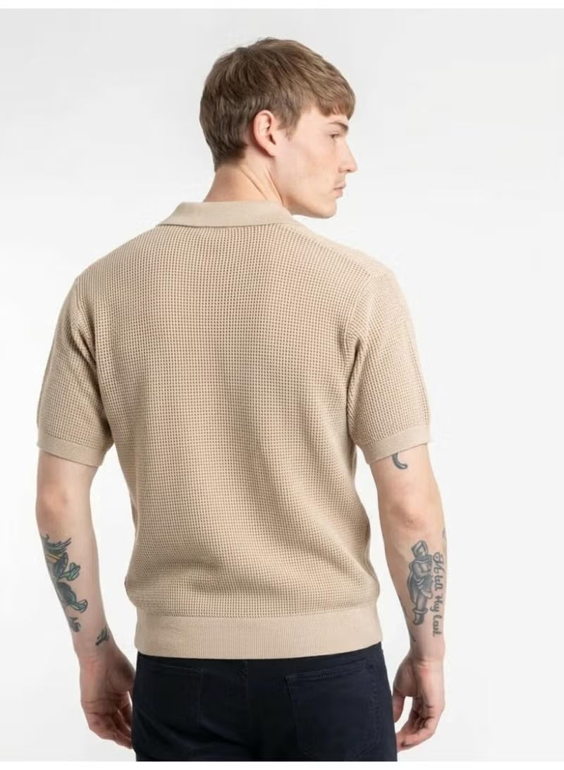 Men's Beige Textured Knit Polo Shirt