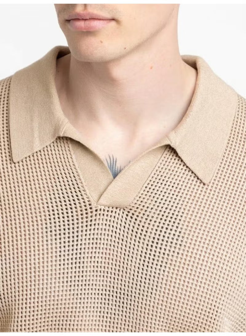 Men's Beige Textured Knit Polo Shirt