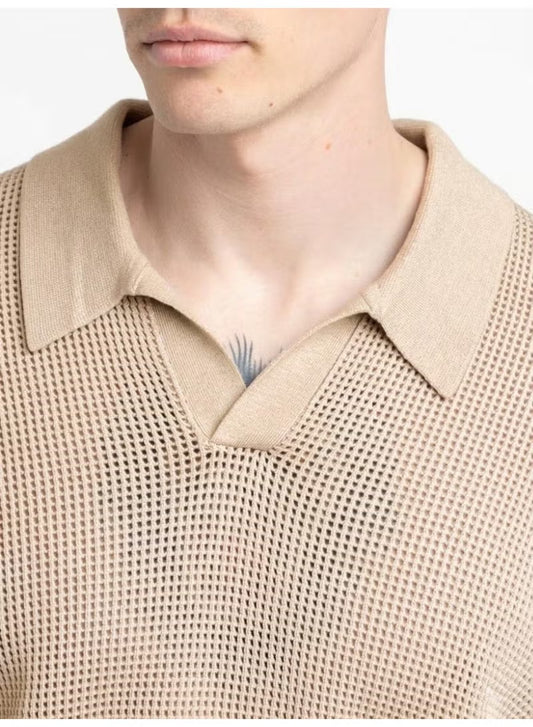 Men's Beige Textured Knit Polo Shirt
