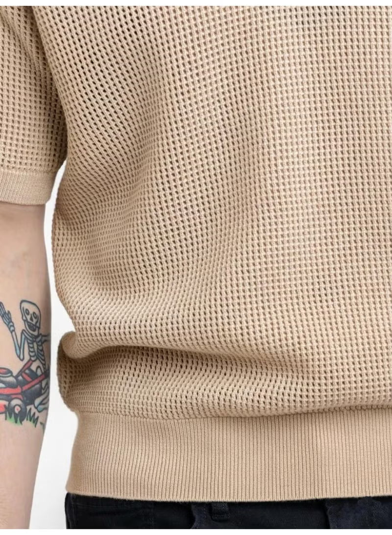 Men's Beige Textured Knit Polo Shirt